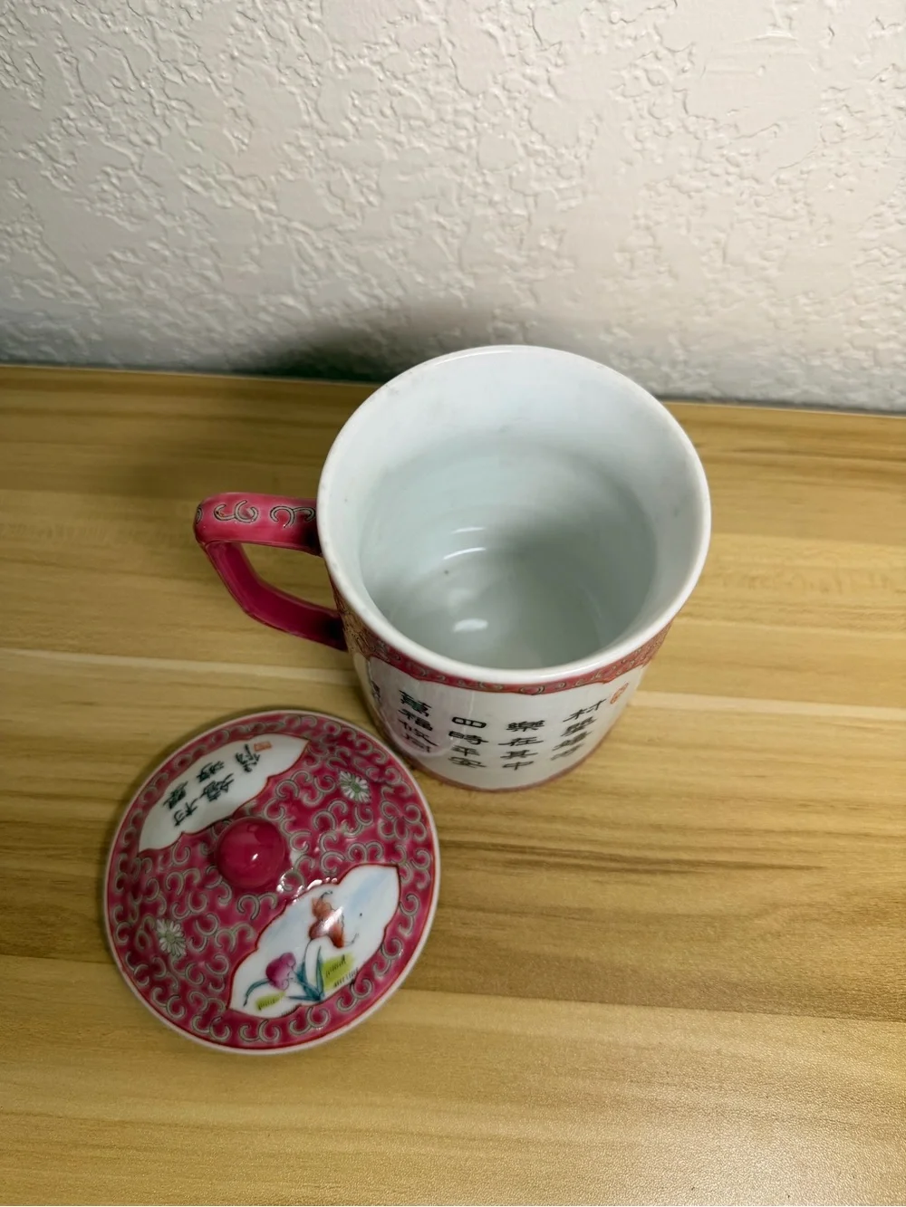 Vintage Chinese Hand-Painted Porcelain Lidded Mug Rose Longevity Coffee Tea